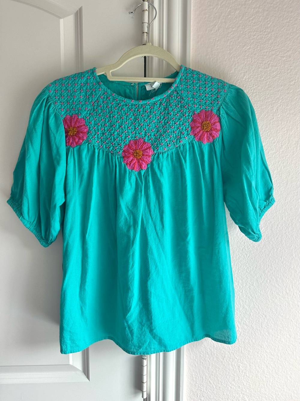 THML Turquoise Puff Sleeve Smocked Yoke Top with Pink Floral Embroidery